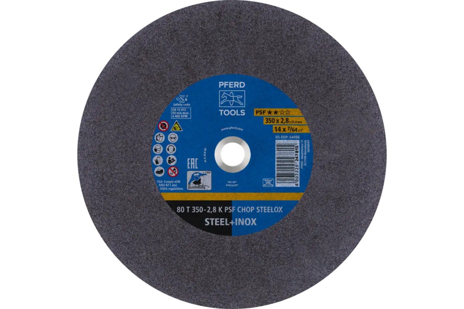 Picture of Pferd Large Diameter Cut-Off Wheel 14" X 7/64 X 1, Psf Chop Steelox, K, Aluminum Oxide